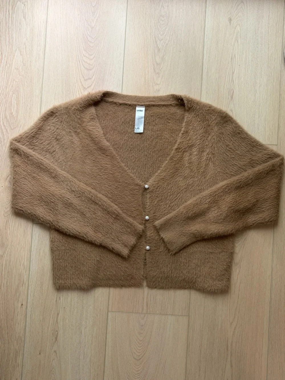 Cozy V-Neck Fuzzy Button Sweater Cardigan - Camel - Picture 2 of 2